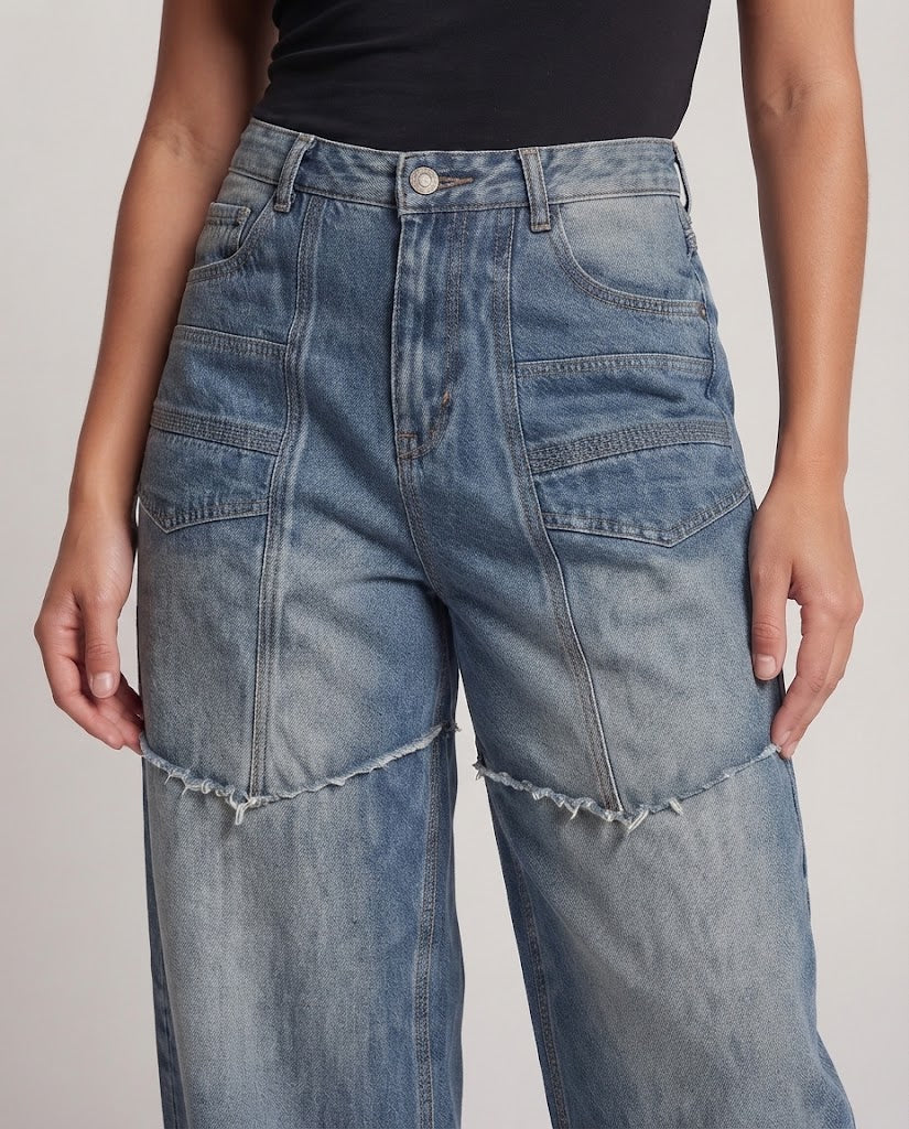 Women Extra Wide Patchwork Denim Palazzo Pants with Drop Crotch and Distinctive Seam Panels Amarae