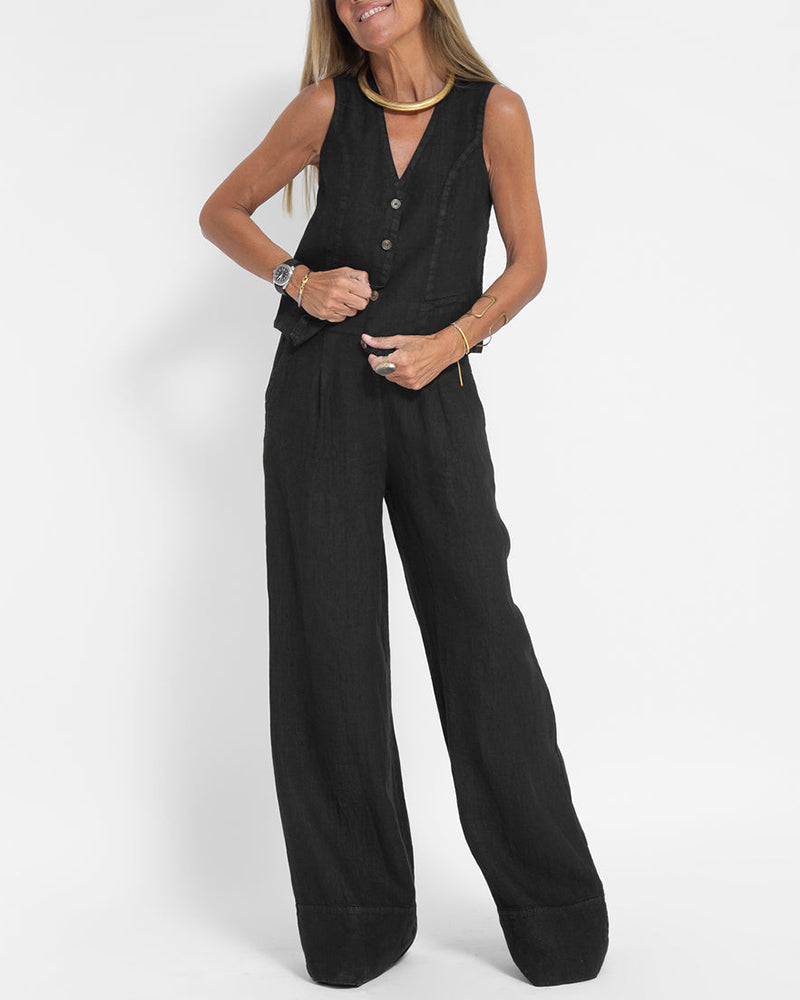 Lune London | Elegant 2-Piece Set Linen Wide Pants & Vest