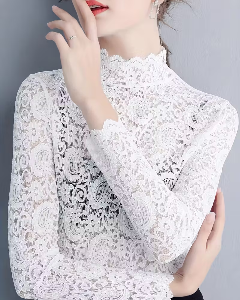 Amarae | Elegant Solid Color Half Neck Long Sleeve Lace