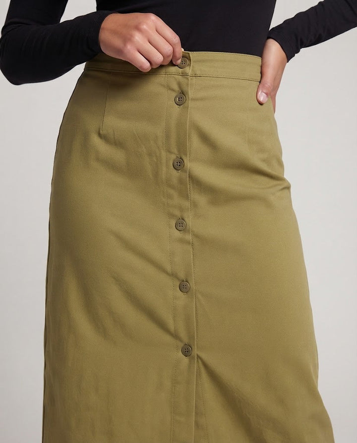 Women's High-waisted Straight Midi Skirt with Continuous Button Placket and Front Slit Amarae