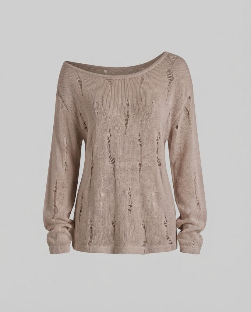 Women's Casual Off-Shoulder Fine Knit Sweater with Destroyed Look and Wide Silhouette Amarae