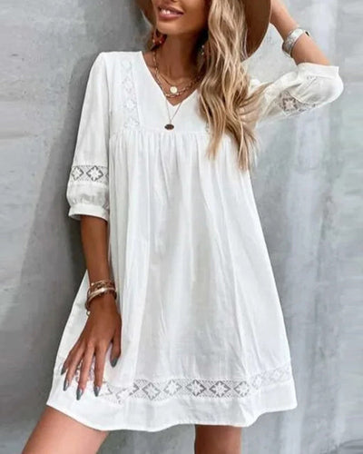 Amarae | Solid Lace Dress with V-Neck and Three-Quarter Sleeves