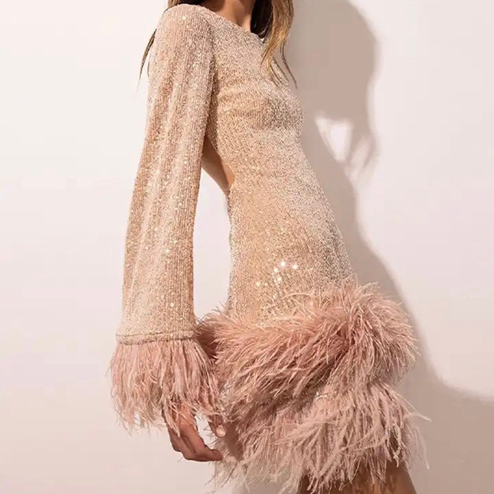 Women’s Elegant Sequin Dress with Feather Hem, Backless | Lune London