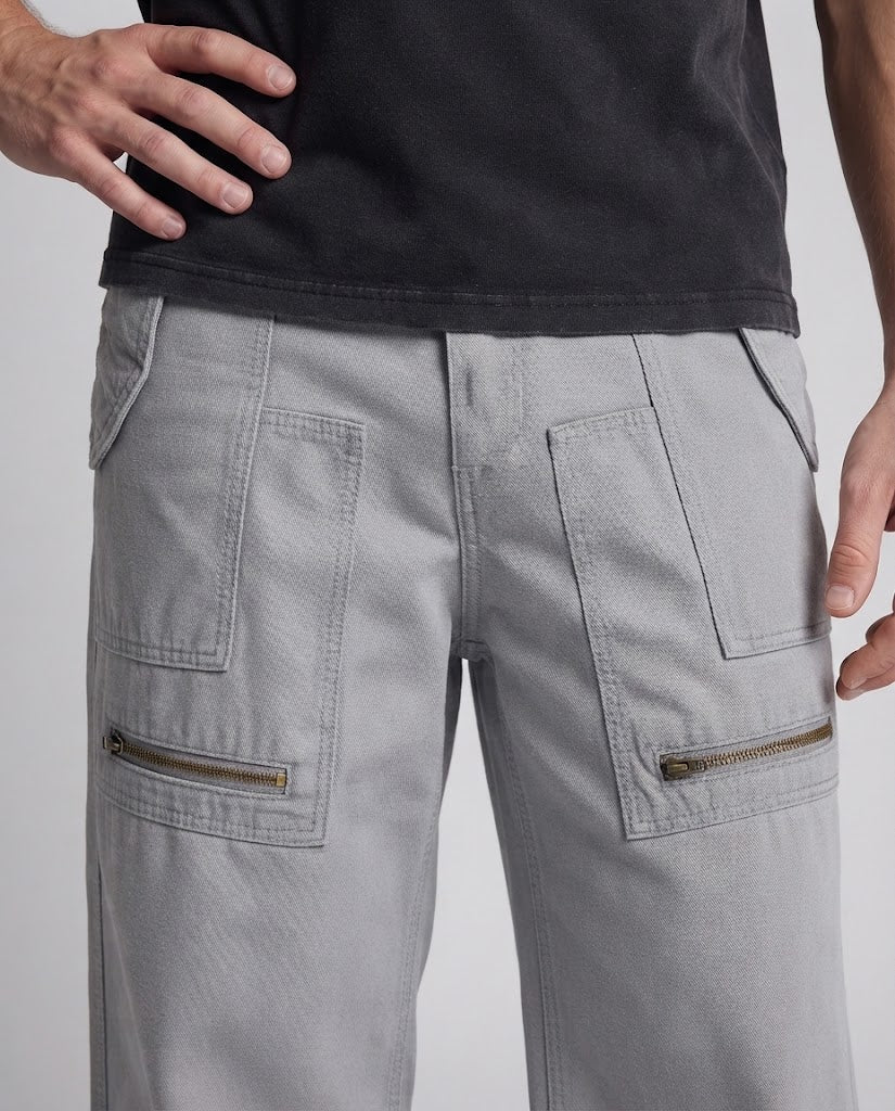 Men's wide cargo pants in palazzo cut with large patch pockets and zipper details Amarae