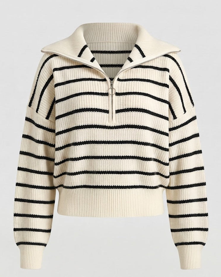 Women's Striped Knit Sweater with Half-Zip and Wide Collar Amarae