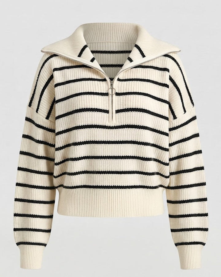 Women's Striped Knit Sweater with Half-Zip and Wide Collar Amarae