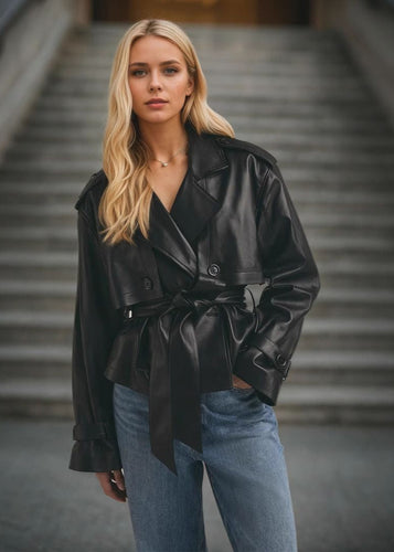 Amarae | Faux leather cropped belt trench coat