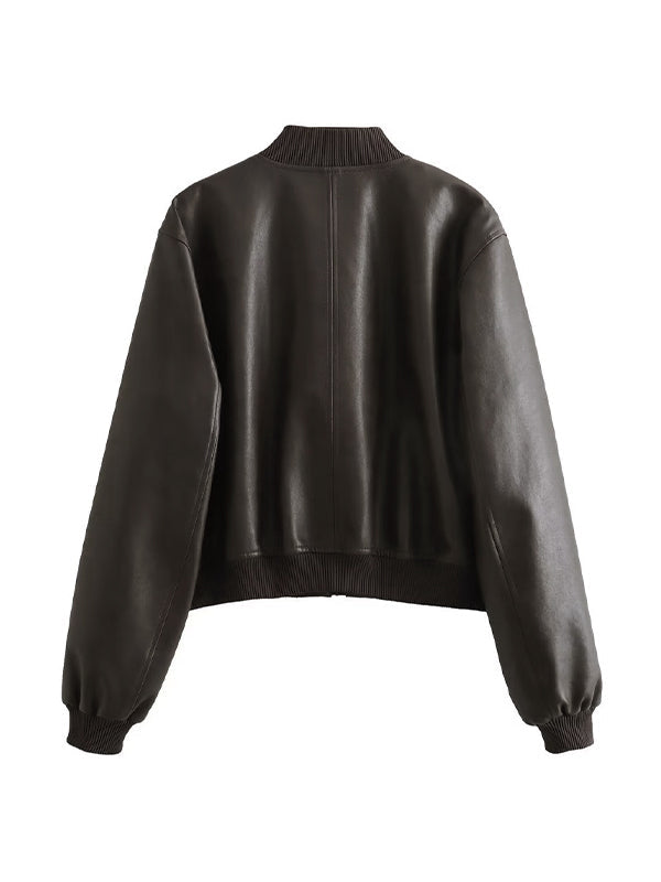 Amarae | Solid Color Leather Bomber Jacket