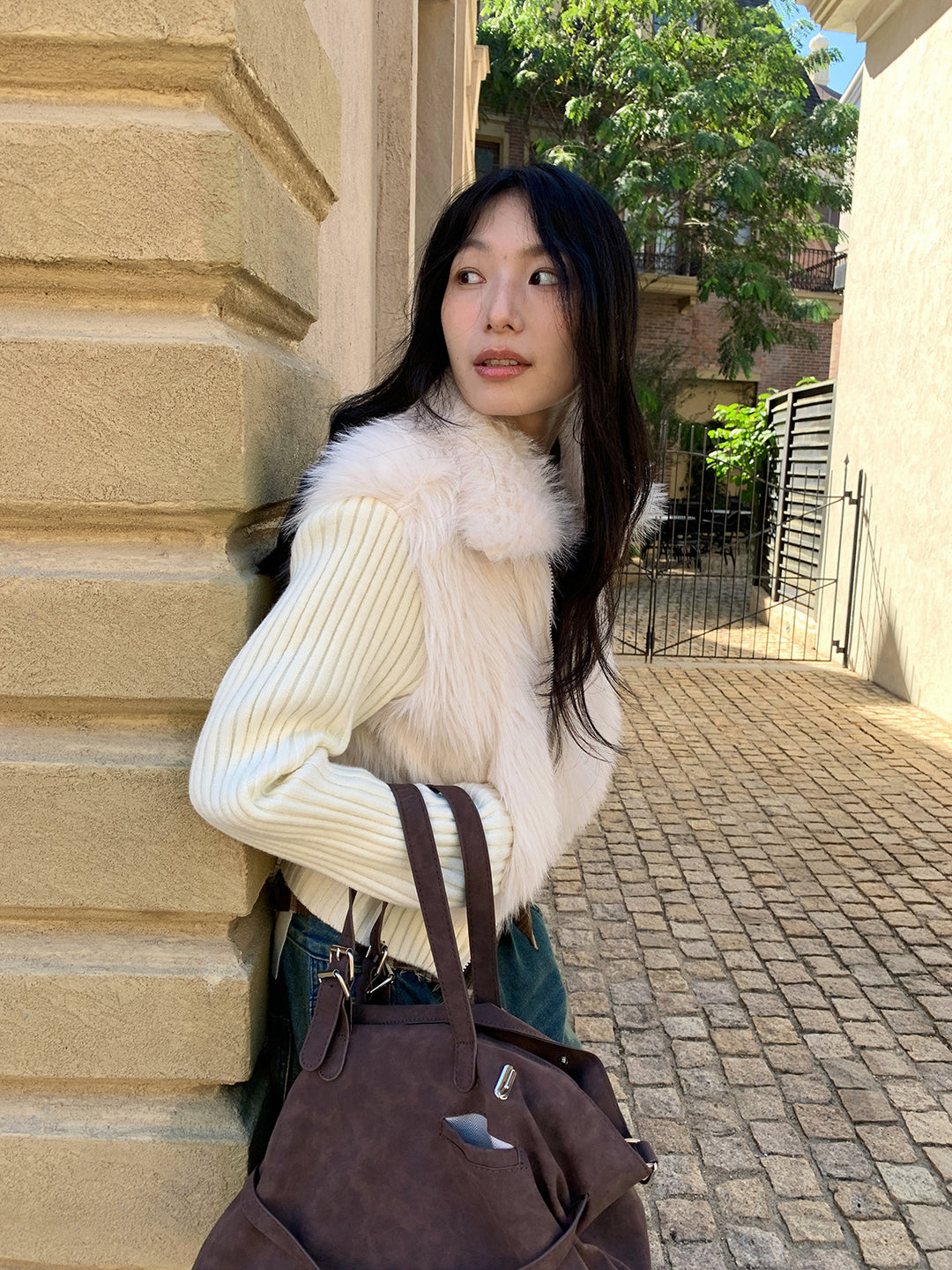 Cardigan with faux fur trim and lapel collar