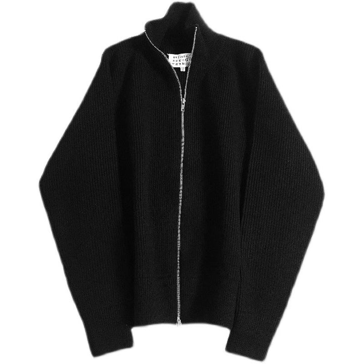 Loose women's knit sweater with zipper and stand-up collar