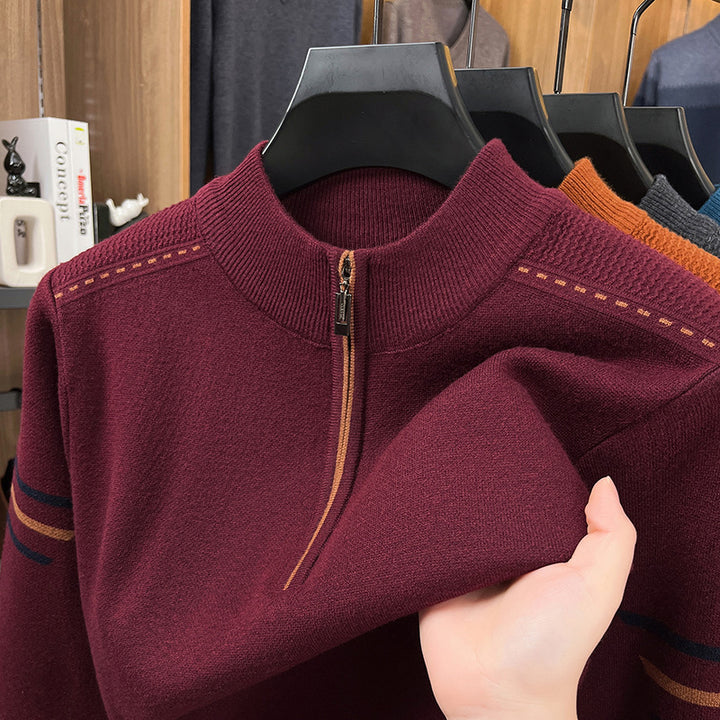 Men's Knit Sweater with Zipper and Stand-up Collar