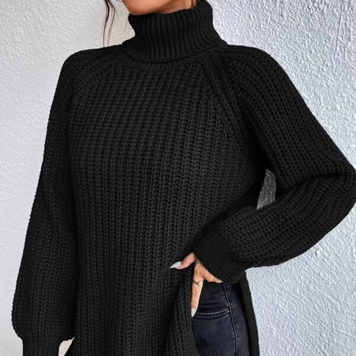 Women's knitted pullover, mid-length with high collar
