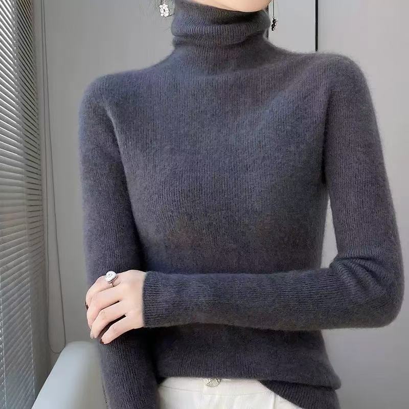 Women's Wool Knit Sweater, Stand-Up Collar, Slim Fit