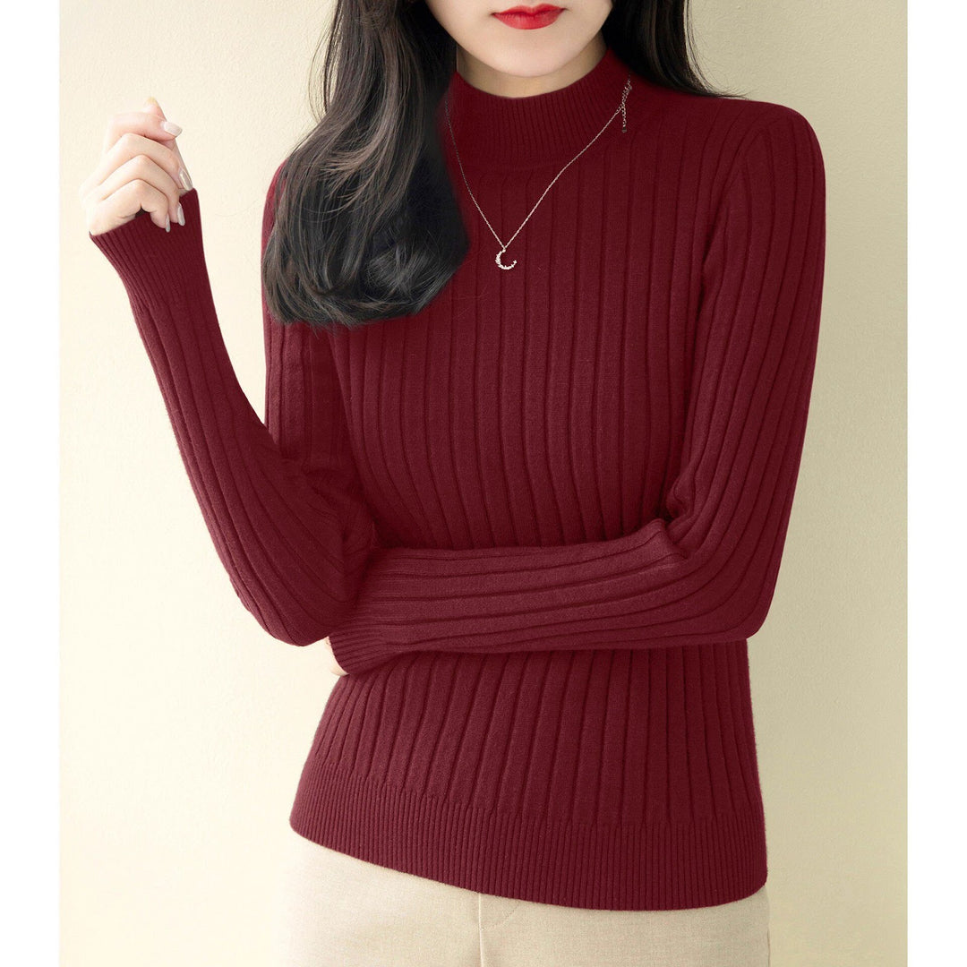 Women's knitted sweater with half standing collar, fitted