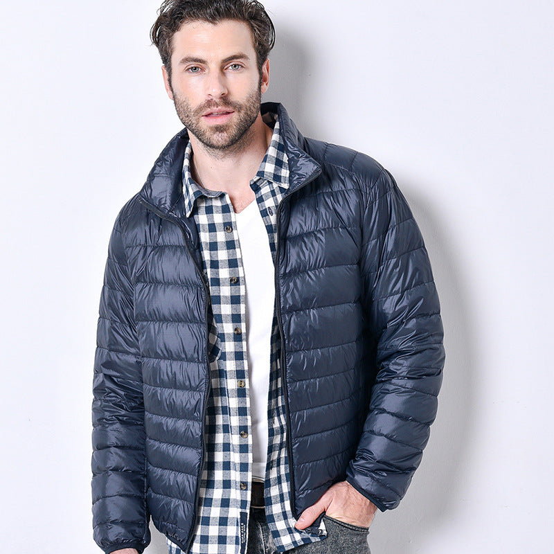 Light men’s down jacket, stand-up collar, slim fit