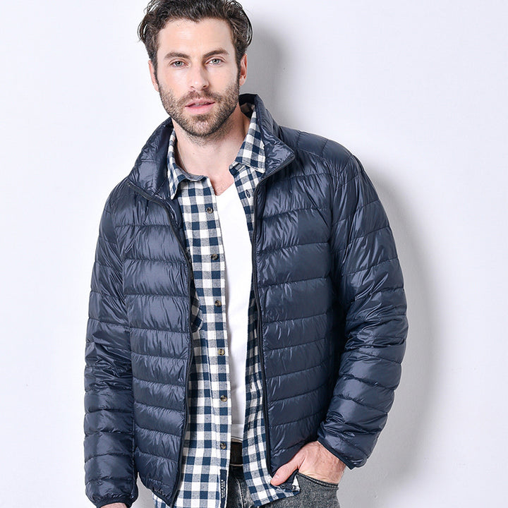 Light men’s down jacket, stand-up collar, slim fit