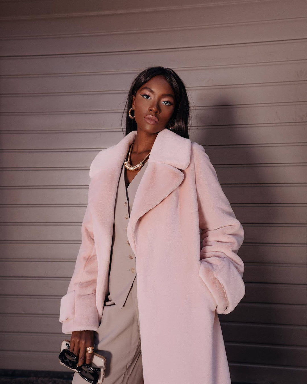Long faux fur coat, knee-length