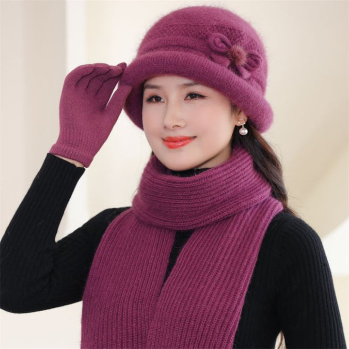 Knitted hat with scarf and gloves, women, winter