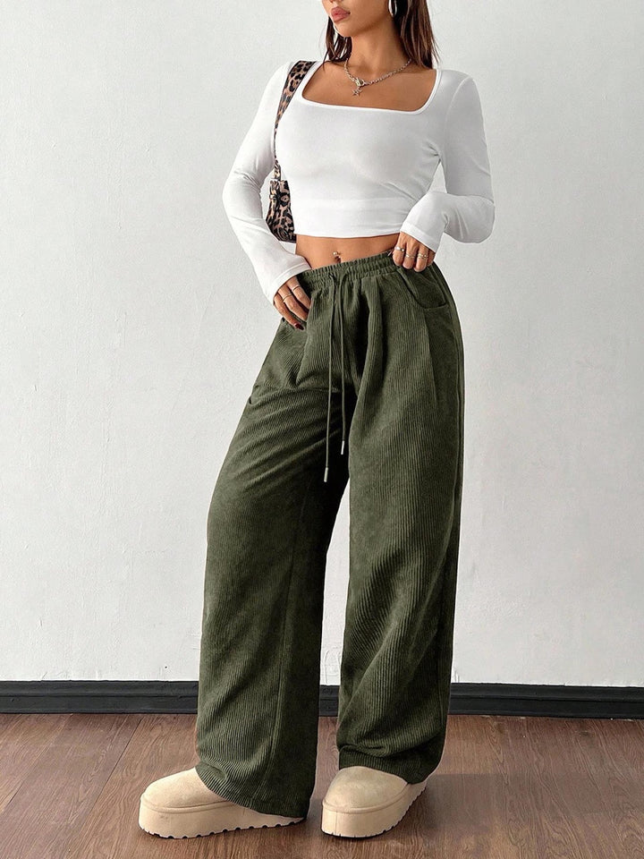 Cord pants with drawstring and wide leg