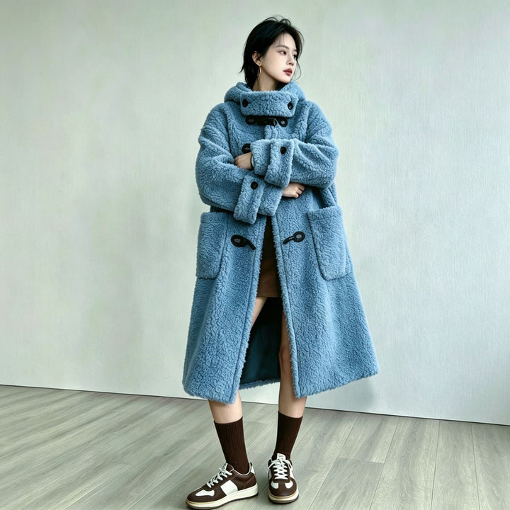 Long lamb fleece imitation coat with hood