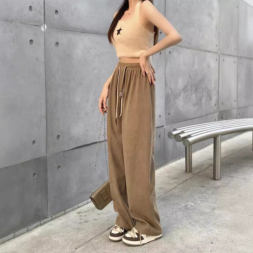 Cord-wide pants for women, high waist with drawstring