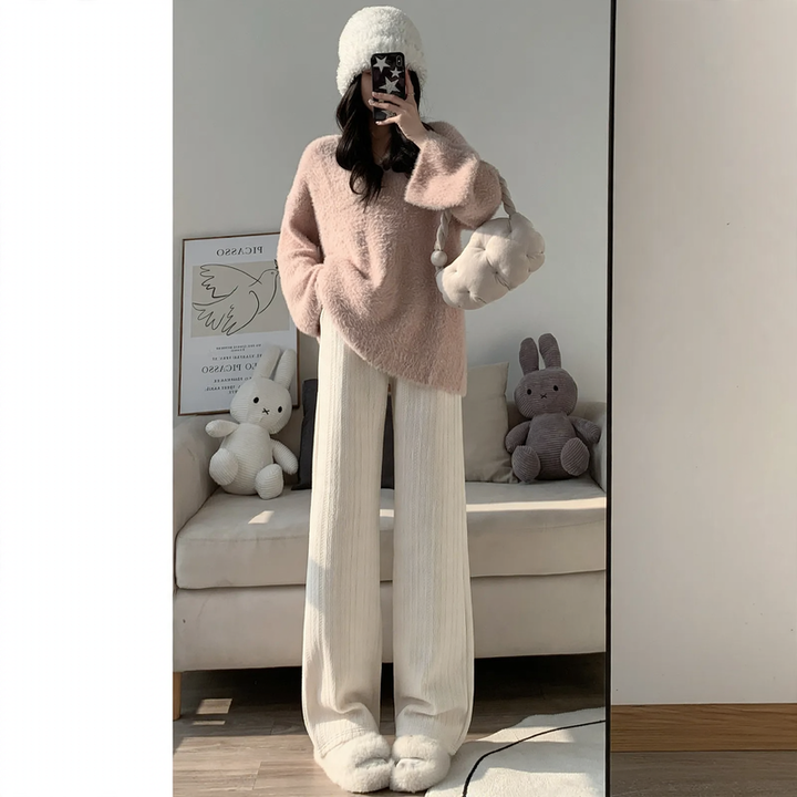 Chenille wide leg trousers for women, straight cut, autumn/winter