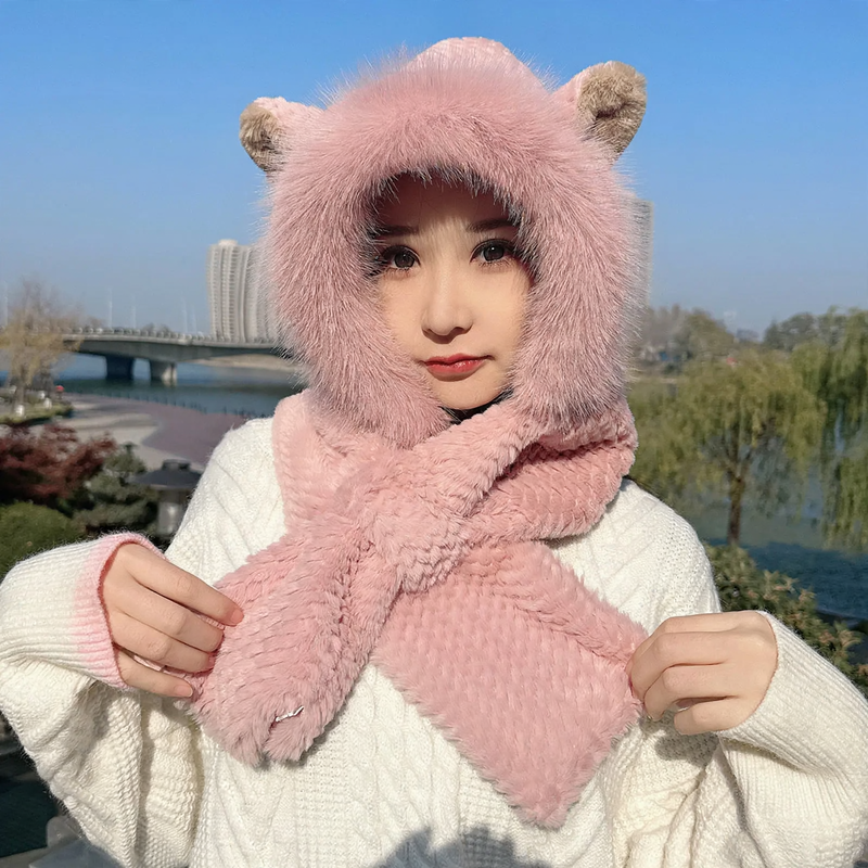 Fleece-lined plush hat with integrated scarf