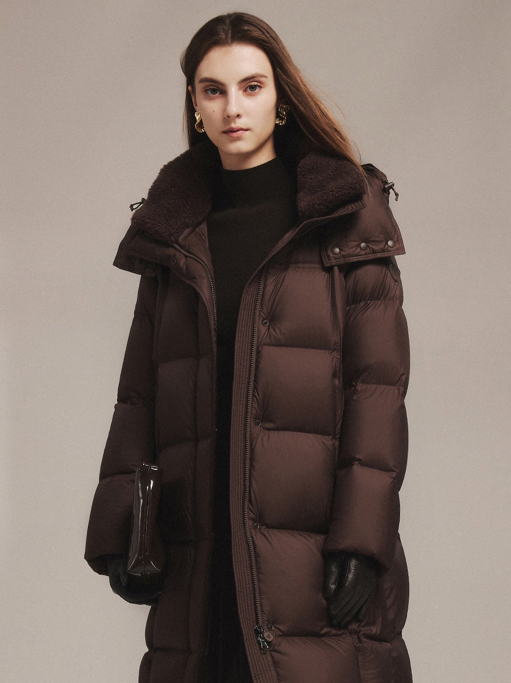 Long women's down coat with lambskin collar