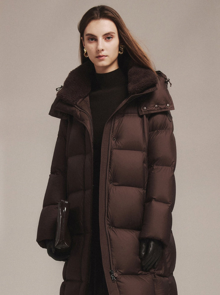 Long women's down coat with lambskin collar