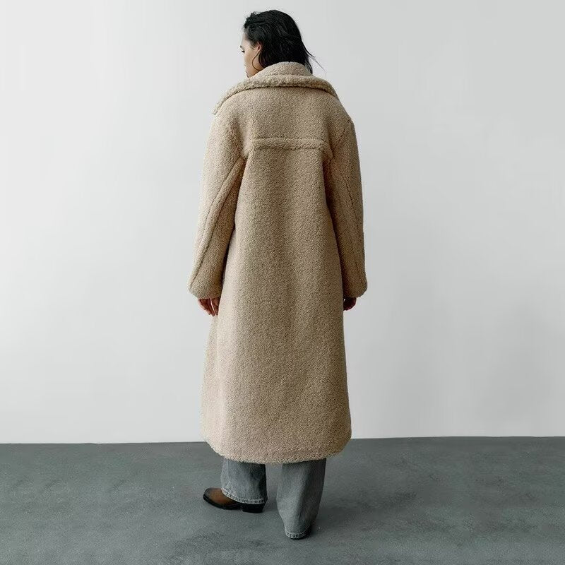 Long Lamb Fleece Coat with Lapel for Women