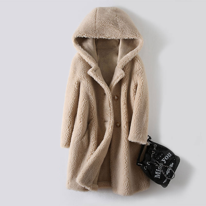 Women's sheepskin coat with hood, mid-length