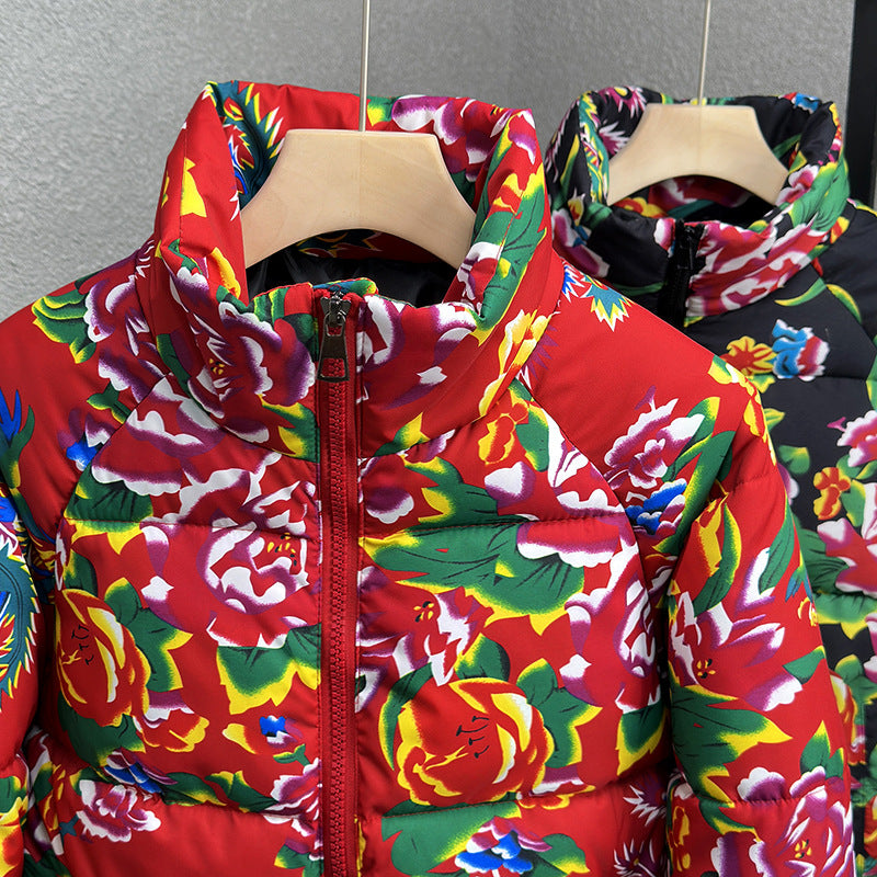 Padded winter jacket with floral pattern, unisex