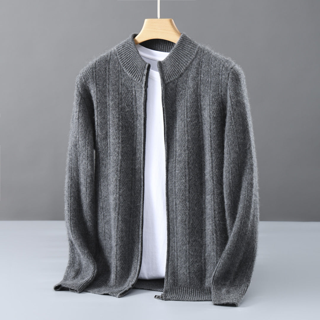 Men's wool cardigan, stand-up collar, zipper, jacquard pattern
