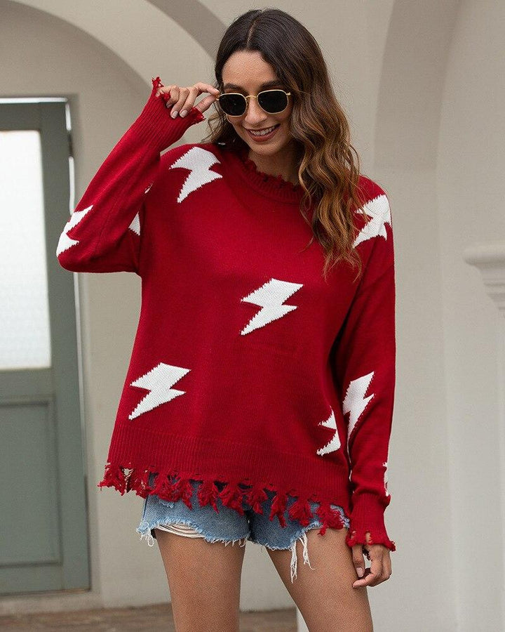 Lune London | Knit Sweater - Loose Fit - Lightning Pattern & Fringe Hem