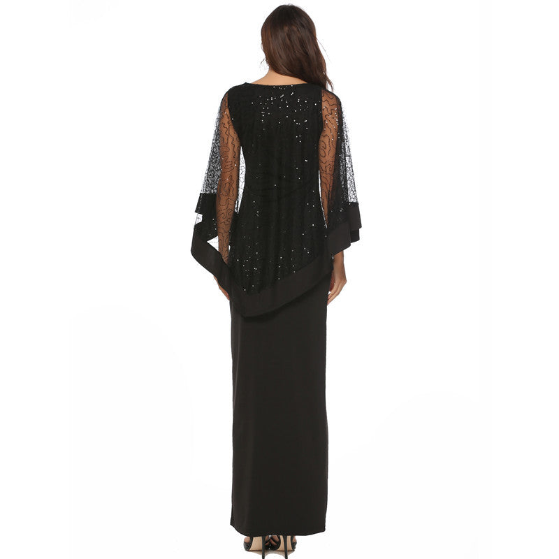 Ladies Elegant Evening Dress with Transparent Lace Sleeves and High Slit Lune London