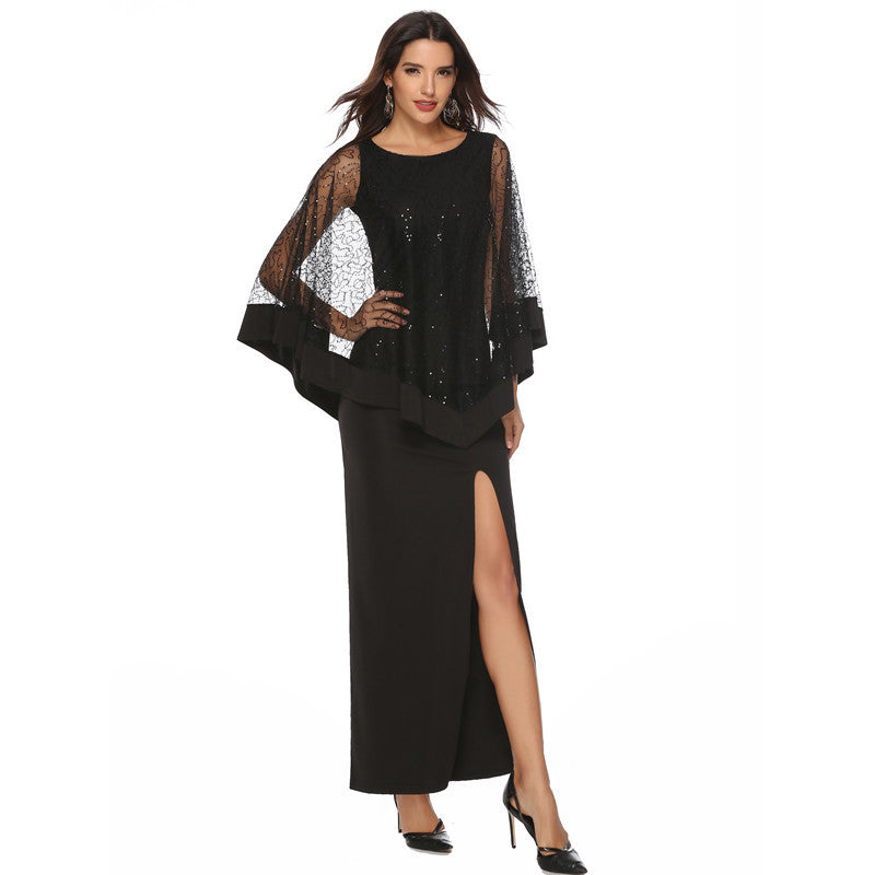 Ladies Elegant Evening Dress with Transparent Lace Sleeves and High Slit Lune London