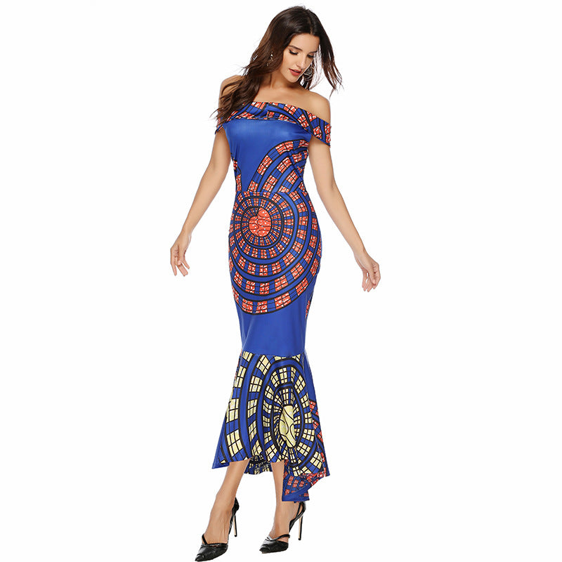 Women's Off-Shoulder Maxi Dress with Unique Pattern and Asymmetrical Hem Lune London
