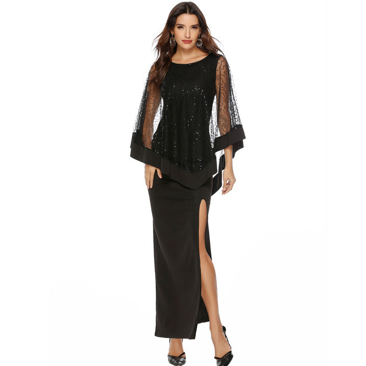 Ladies Elegant Evening Dress with Transparent Lace Sleeves and High Slit Lune London
