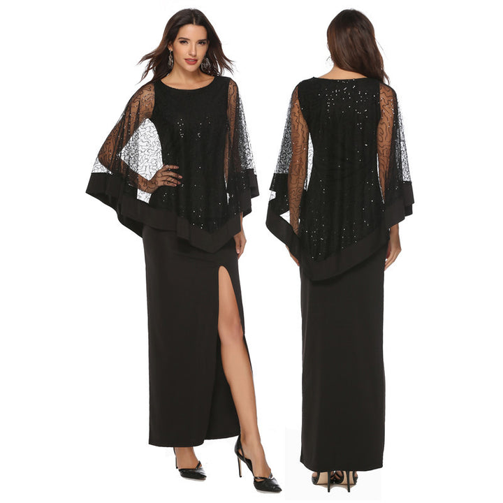 Ladies Elegant Evening Dress with Transparent Lace Sleeves and High Slit Lune London