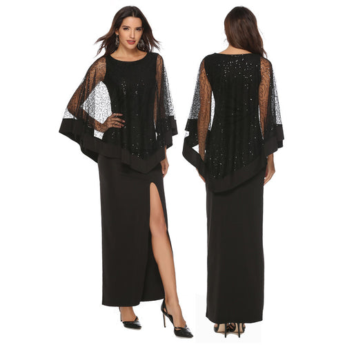 Ladies Elegant Evening Dress with Transparent Lace Sleeves and High Slit Amarae