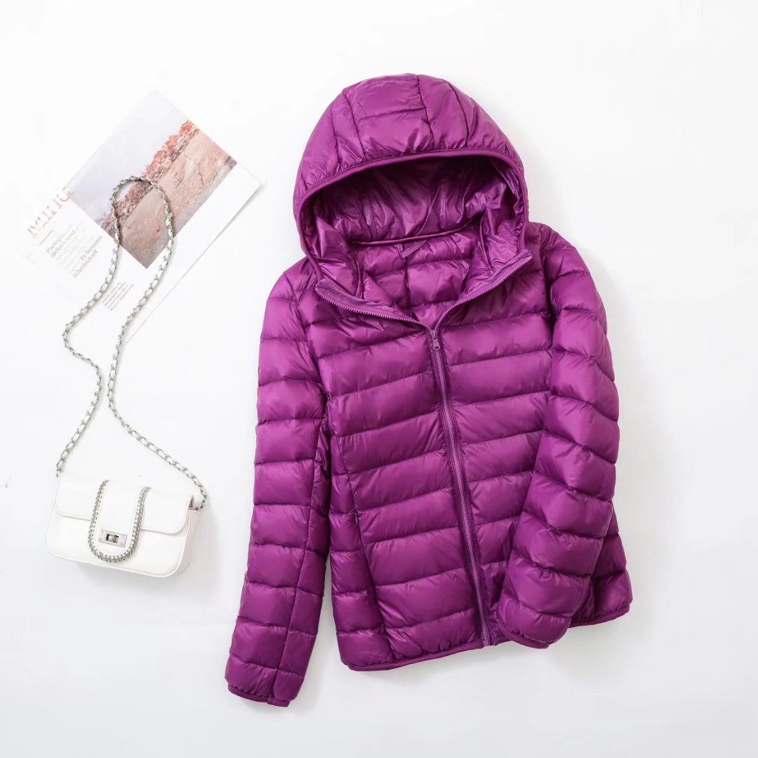 Light women's down jacket with stand-up collar