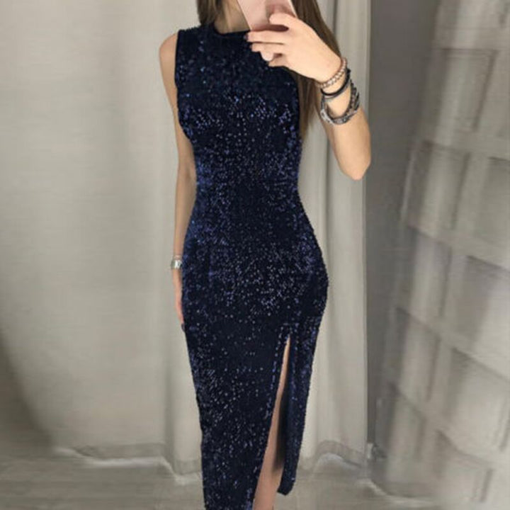 Women's Elegant Party Dress with Sparkling Sequin Trim and High Slit Lune London