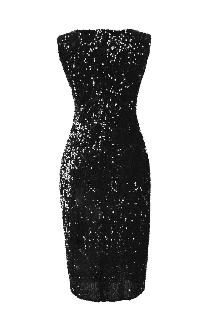 Women's Elegant Party Dress with Sparkling Sequin Trim and High Slit Lune London