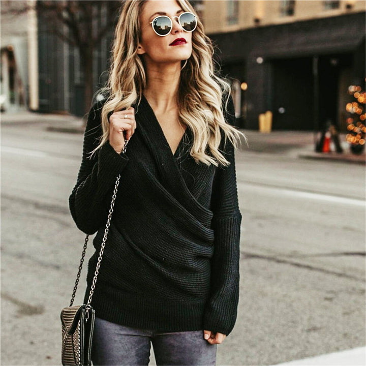 Off-shoulder knitted sweater for women with wrap design and casual sleeves Lune Londonl