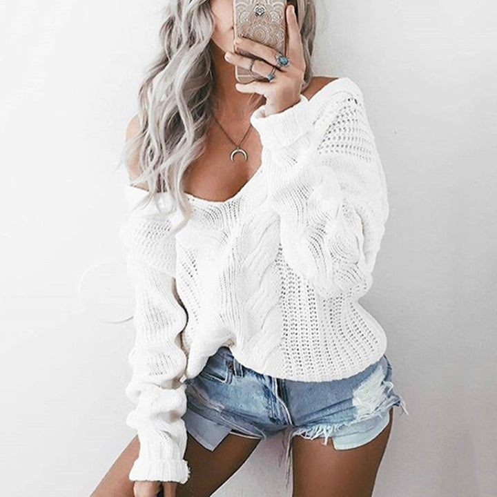 Trendy knitted sweater for women with asymmetrical cut and off-shoulder Lune London