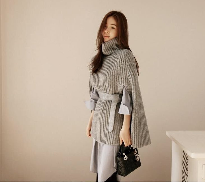 Knitted sweater for ladies with wide high collar and classic cape design Lune Londonl