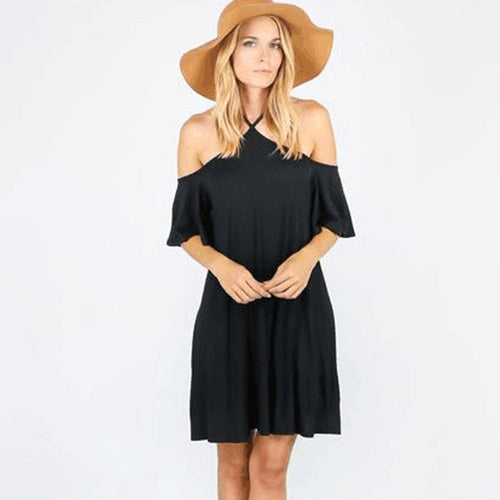 Women's summer dress with off-the-shoulder look and flowing cut