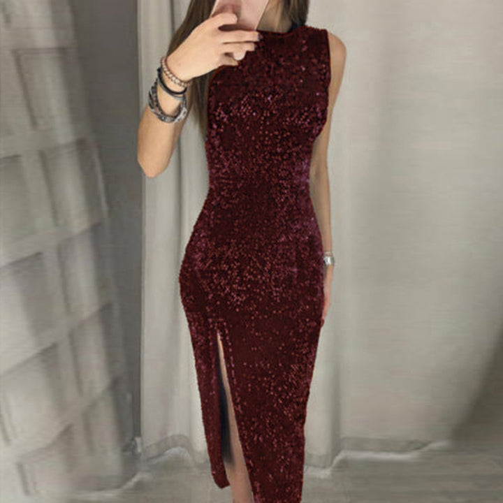 Women's Elegant Party Dress with Sparkling Sequin Trim and High Slit Lune London