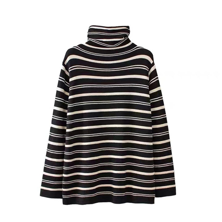Ladies long sleeve shirt with stand-up collar and striped pattern