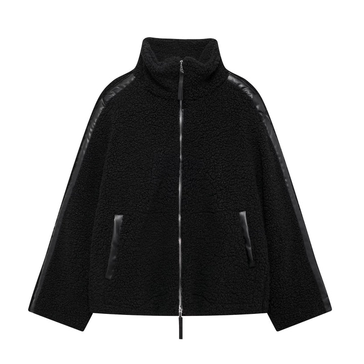 Ladies Teddy Fleece Jacket, Stand Collar, Zipper, Oversized
